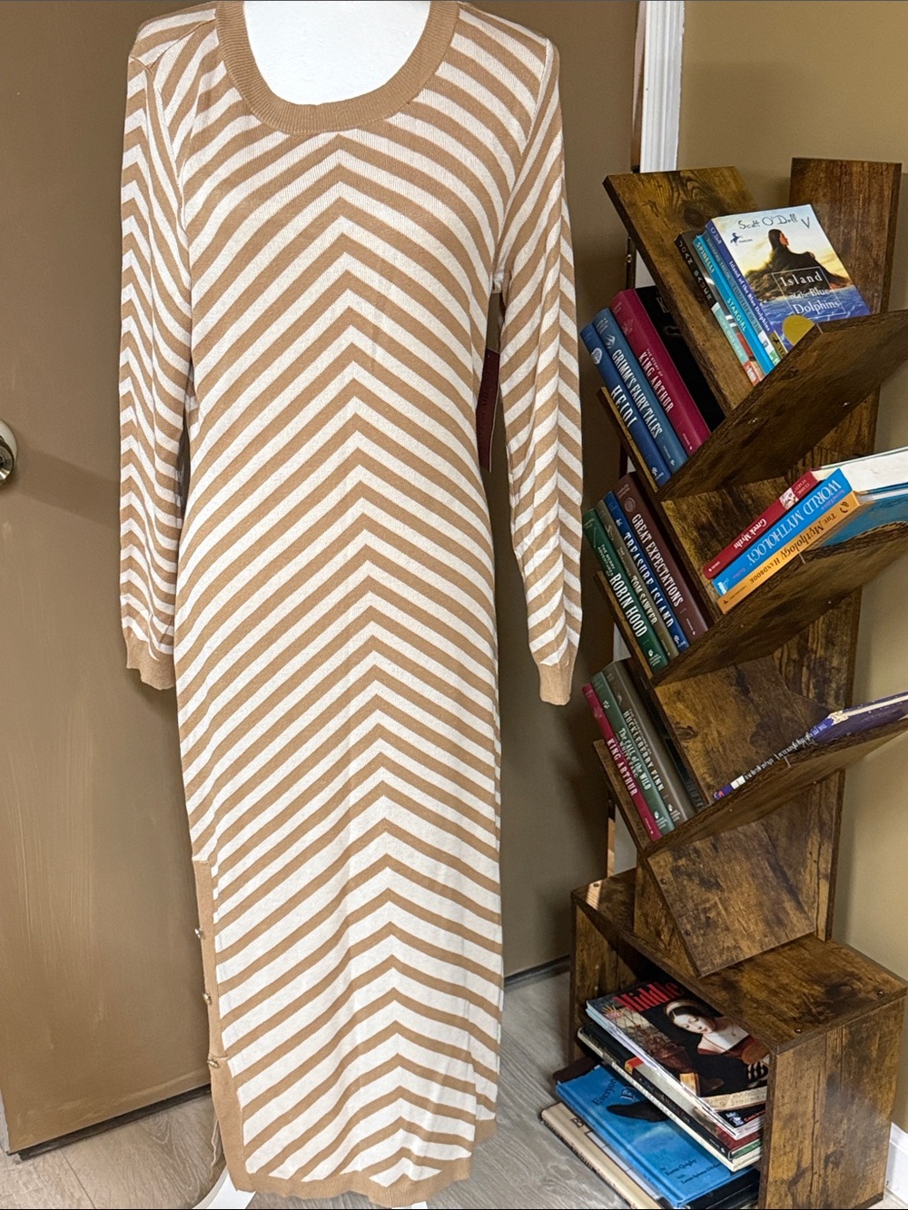 Striped Chevron Maxi Dress in Beige & White